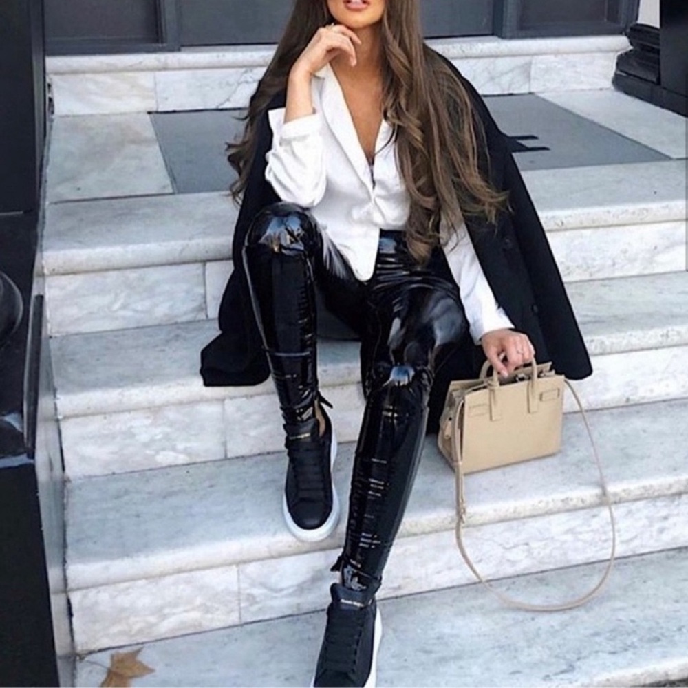 HOUSE OF CB Vinyl Faux Leather Vegan Black Pants - Picture 2 of 8